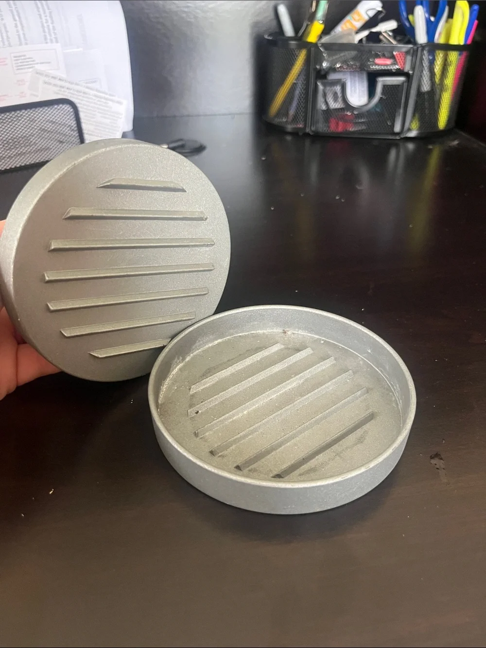 Gray Metal Burger Press with Red Wooden Handle